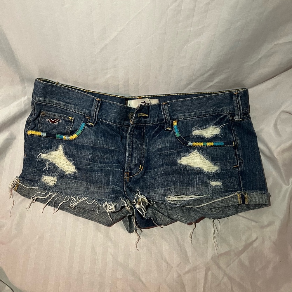 Hollister Denim Distressed Shorts Embroidered Detailing